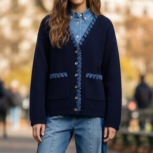 NWT Sandro Paris Gizou Blue Denim-Trimmed Knit Cardigan - Size 2